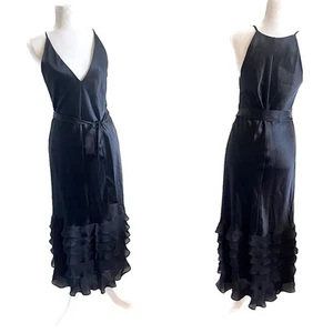 Derek Lam 100% Silk Black Satin Maxi Dress with Tiered Ruffle Detail Womens 6 - Picture 1 of 8