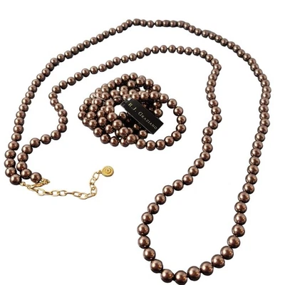 R.J. Graziano Bronze Brown Glass Beaded Long Necklace  5 Stretch Bracelets Set  - Image 1 of 4