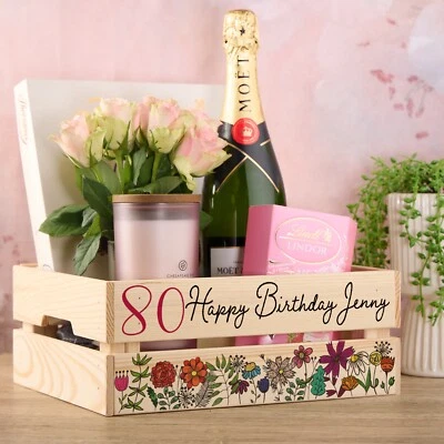 UKGIFTSTOREONLINE Personalised 80th Birthday Flower Crate Box Gift For Her