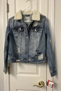 Mossimo Womens Jean Jacket Size M Sherpa Collar NWT Distressed Denim Jacket - Picture 1 of 8