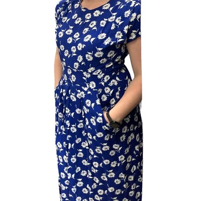 Vestido de Verano Karin Stevens Para Mujer 12 14 Midi Azul Rayón Bolsillos Florales Años 80 De Colección Foto 1 de 4