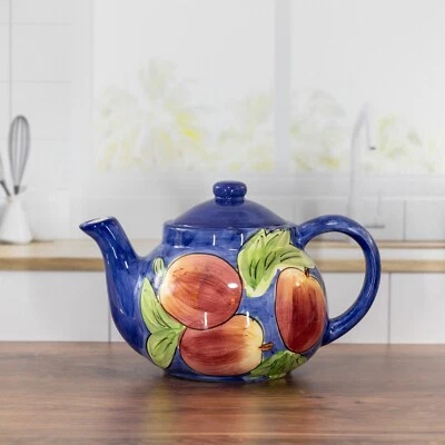 Vintage Porcelain World Bazaar's Inc. Teapot Red Apple Blue Green 6" Tall - Image 1 of 4