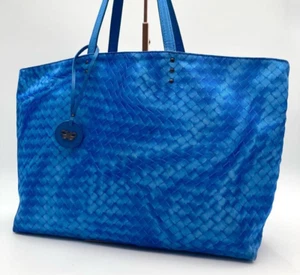 BOTTEGA VENETA Blue Tote Bag Intrecciato Illusion nylon leather used - Picture 1 of 10