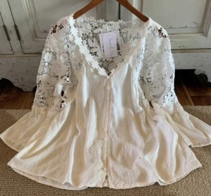 M New Boho White Lace CottageCore Peasant Vtg 70s Top Blouse Womens Size MEDIUM - Picture 1 of 9