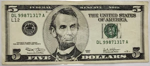 $5 Series 2003 Bill High Serial Number Circulated From Uncut Sheet DL 99871317 A - Picture 1 of 3