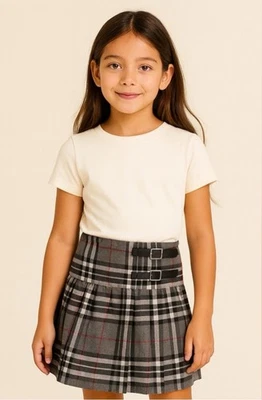 Girls Gray Nova Check Pleated Skirt Buckle Detail Size 7–8 Years England - Image 1 of 4