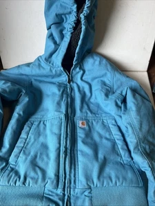 Carhartt Teal Blue Canvas & Sherpa Lined Hooded Jacket Girls Youth M 10/12 - Picture 1 of 8