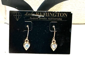 Lady Remington Earrings Cast Gold Tone Crystal Rhinestone Pierced Drop Lot 66B - Picture 1 of 3