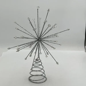 VTG MCM Silver Starburst 13" Christmas Tree Topper Sparkle Beaded Tip Accents - Picture 1 of 13