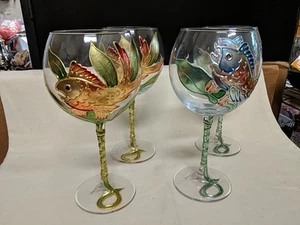 4 Balloon Goblets with 3-Dimensional Fish Designs - Hand Decorated in Italy - Picture 1 of 4