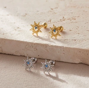 Sterling Silver CZ 20G Sun Cartilage Stud Earrings Jewellery Gift Tragus Helix - Picture 1 of 3