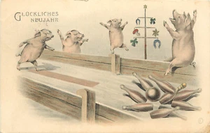 Neujahr Postkarte Schweine Bowling Pilz Glücksbringer Gluckliches Neujahr - Bild 1 von 2