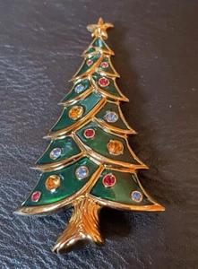 Swarovski Gold Green Enamel Multi Crystal Christmas Tree Brooch Signed Vtg - Picture 1 of 5