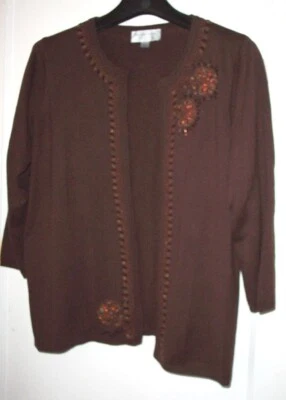 Кардиган Victor Costa коричневый из хлопковой смеси с бисером свитер рукав 3/4 большой 14 16 - Изображение 1 из 4