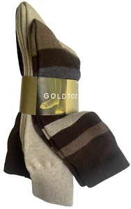 GOLDTOE 3 Pair Men 80% Cotton Crew Socks Khaki + Brown Shoe Sz 6-12.5 Super nice - Picture 1 of 6