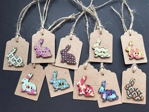 10 Cute Kraft Mixed Wooden Button Easter Bunny Rabbit Tags With Jute Ties - Picture 1 of 1