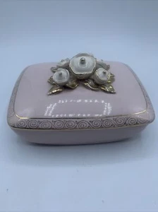 VTG LEFTON Trinket Box Pretty Pink W/Gold Lidded Guilt Porcelain Floral MCM 1950 - Picture 1 of 13