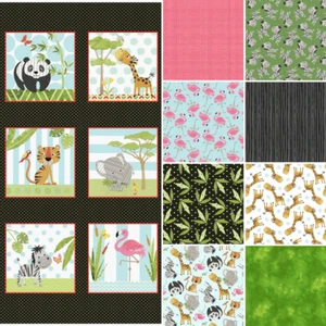 At The Zoo Fat Quarter Fabric Bundle, 9 cotton quilting fabrics & 1 panel - Picture 1 of 11