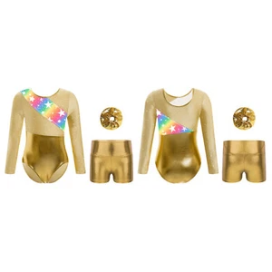 Kids Girls Bodysuit And Bottoms Sport Jumpsuit Metallic Leotard With Shorts - Picture 1 of 57