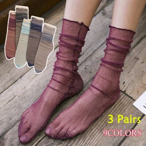 3/2Pairs Silky Glitter Mesh Tulle Socks Ultra-thin Sheer Ankle Socks Hosiery - Picture 1 of 23