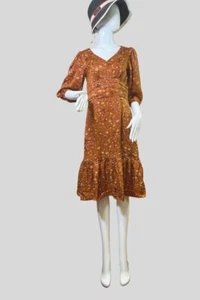 Women Fashion Velvet Silk V-Neck Long Sleeve Brown Dress with Flower Print M204 - Picture 1 of 4