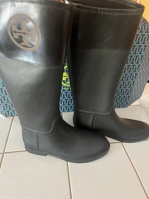 Tory Burch Black Rubber& Leather  Tall Rain Boots Womens Size US 11m - Image 1 of 4