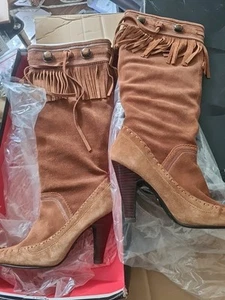 Ladies morgan de toi Suede APACHE Tassled knee high boots,Brown UK 6 - Picture 1 of 23