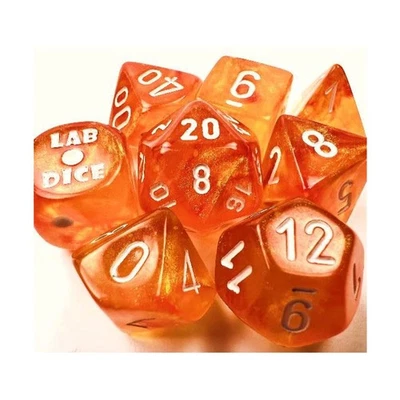 Borealis Blood Orange Luminary Dice with White Numbers 7+1 Dice Set 16mm (5/8in) - Image 1 of 2