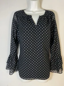 Talbots Blouse L Black Polka Dot Long Sleeve Ruffle Sheer Top glitter v neck - Picture 1 of 3