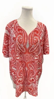 G Collection Women’s Sz 3X Flowy Paisley Floral Short Sleeve Top Red White - Image 1 of 4