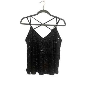 A’GACI Black Sequin Cross Back V Neck Tank Top Size S NEW Shirt - Picture 1 of 6