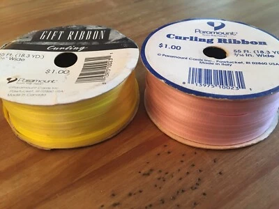 2 VINTAGE CURLING GIFT RIBBON ROLLS PARAMOUNT 55 FEET 3/16" WIDE PINK  & YELLOW - Image 1 of 4