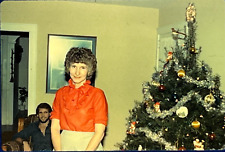 Vintage 35mm Slide Photo Christmas Tree Mature Older Woman 1980s