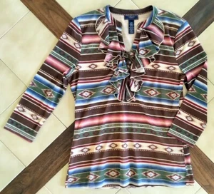 CHAPS DENIM Southwestern Print 3/4 Sleeve Ruffled Mesh Lace-Up Top (L) - Picture 1 of 5