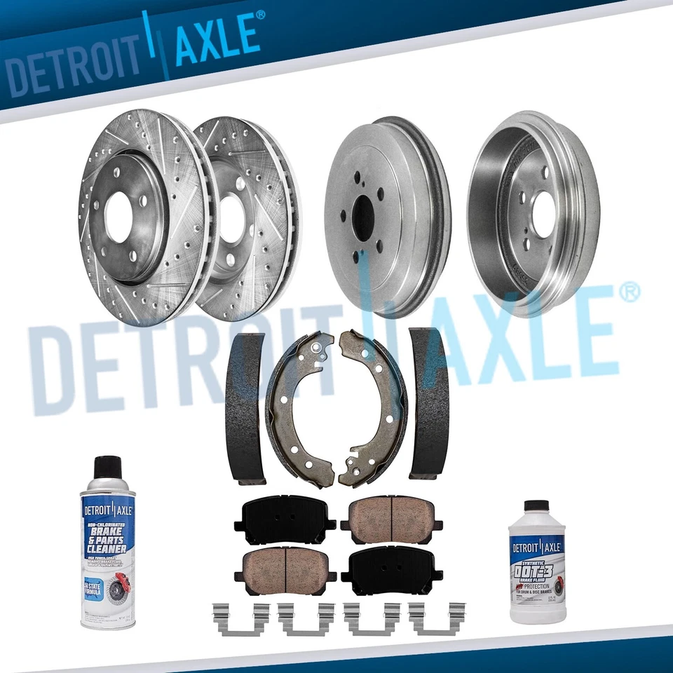 Front Drilled Brakes Rotors Pads Rear Drums Shoes for 2003-2008 Toyota Corolla - Image 1 of 4