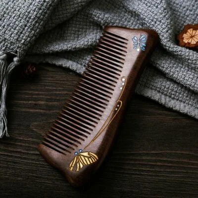 Hair Comb Butterfly Carving Anti Static Handmade Wooden Sandalwood Combs - Image 1 of 2