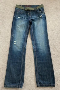 Women’s Next Boyfriend Ripped Retro Blue Denim Jeans Y2K Size 14 Tall Belted - Picture 1 of 8