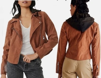 Free People Harriet Hooded Vegan Leather Moto Jacket Chocolate Large NWT - Image 1 of 4