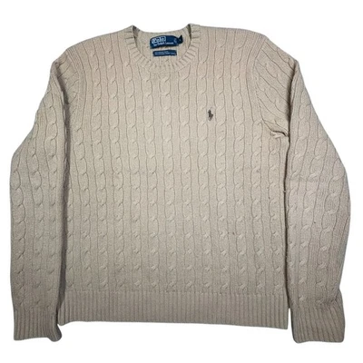 Polo Ralph Lauren Cable Knit Wool Angora Sweater Mens L Beige Crewneck Vintage - Image 1 of 4