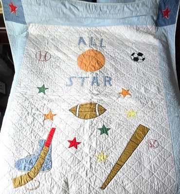 Quilt - All Star Sports Design for Boy's Room 84" x 70" Baseball Football Hockey - Image 1 of 4