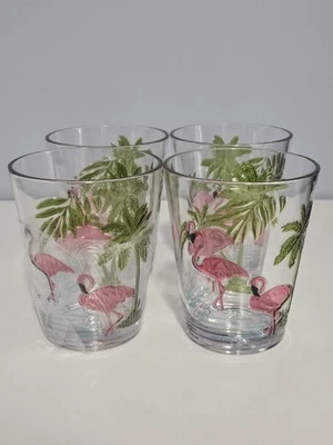 Conjunto de 4 copos de acrílico transparente rosa flamingo e palmeiras novo - Imagem 1 de 2