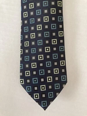Bergamo New York Men's Necktie Tie Polyester Blue Green White Squares Geometric - Image 1 of 4