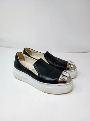 Miu Miu Black Leather Crystal Silver Cap Toe Sneakers EU 39 US 8.5 - Image 1 of 4