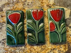 Jenz Studio New Zealand Ceramics and Art 3 Handmade Flower Themed Hanging Tiles - Picture 1 of 5
