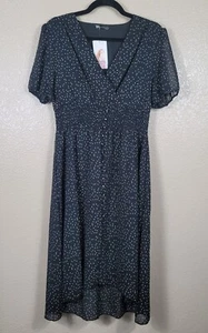 PrettyGarden Midikleid Damen Gr. M schwarz gepunktet Wickeloptik V-Ausschnitt gesmokter Saum - Bild 1 von 16