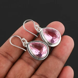 Pink Rose Quartz Gemstone Handmade Earring, 925 Sterling Silver Wedding Earring - Picture 1 of 4