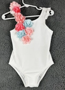 Janie Jack Girl 3 3T Flower One Piece Swimsuit Pink Blue Swim Waffle White UPF - Picture 1 of 11