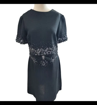Vestido de Lana Negro Imperial Vintage Años 60 Cuentas Plateadas Fiesta Vestido de Fiesta Talla 16 Foto 1 de 4
