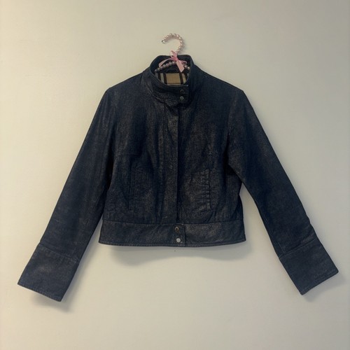 Giacca jeans Burberry taglia Med denim scintillante foderata argento designer originale 100% cotone