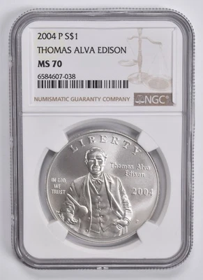 MS70 2004-P Thomas Edison Commemorative Dollar NGC Brown Label *0074 - Image 1 of 4